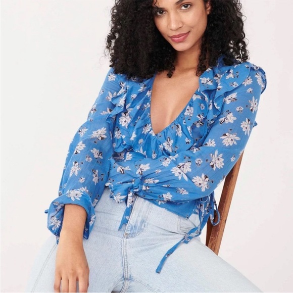 Free People Amanda Ruffle Top in Blue and White Cool Combo Size XS - Picture 14 of 15